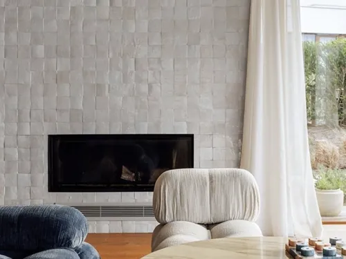 Modern Fireplace with white zellige tiles